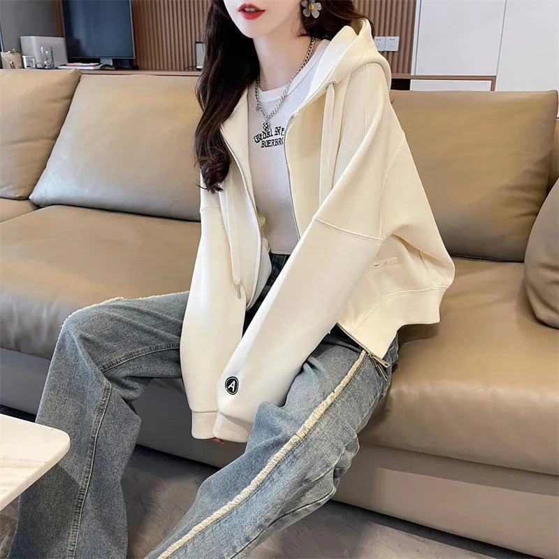Women's loose-fit short hood cardigan in apricot with zipper pocket, polyester fabric, casual style