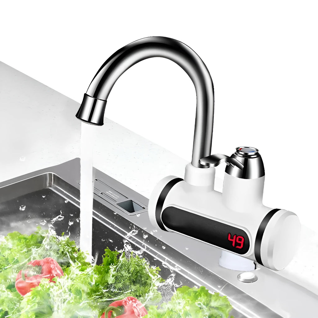 White kitchen instant electric water heater tap with digital temperature display