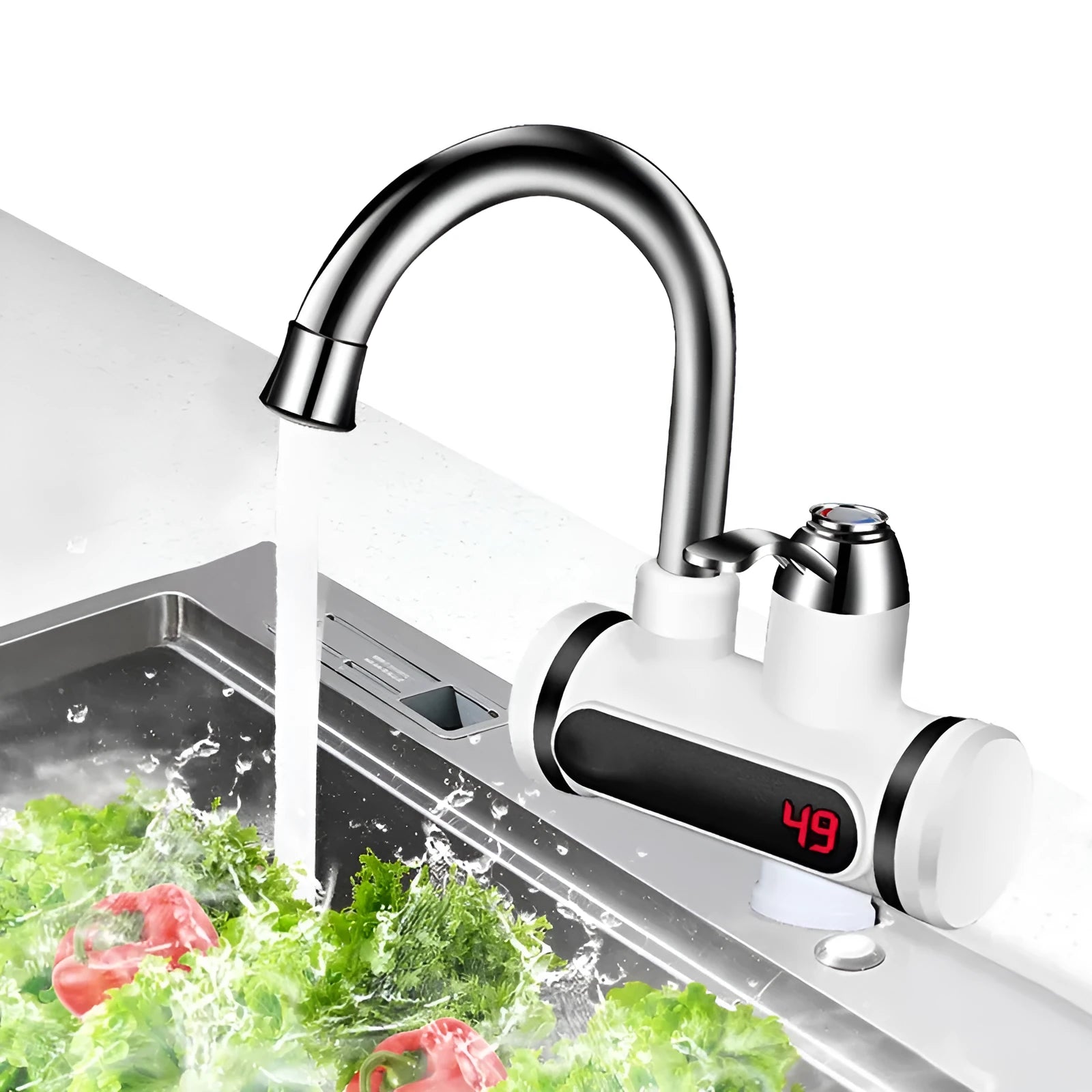 White kitchen instant electric water heater tap with digital temperature display