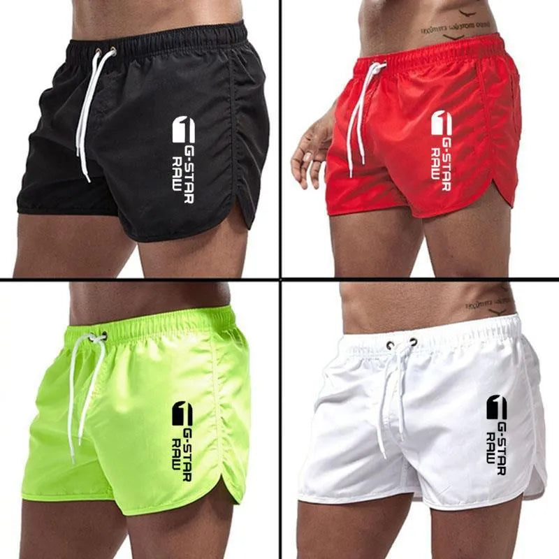 Man wearing thin polyester hemp blend beach shorts in fluorescent green, suitable for sports.