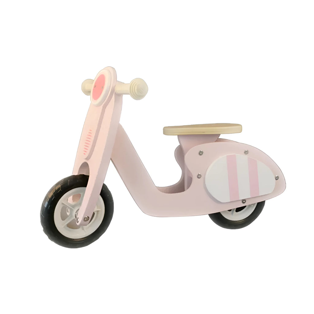 Pink wooden balance scooter for toddlers, 10 inches long, for children aged 1-6 years.