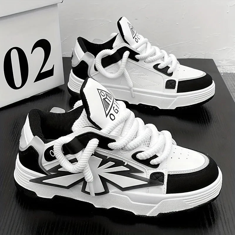 Men's white Harajuku chunky sneakers with thick rubber sole and synthetic leather upper.