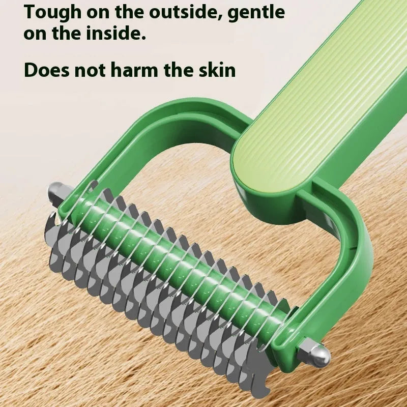 Green or grey dog grooming comb with stainless steel unknotting teeth and plastic handle.
