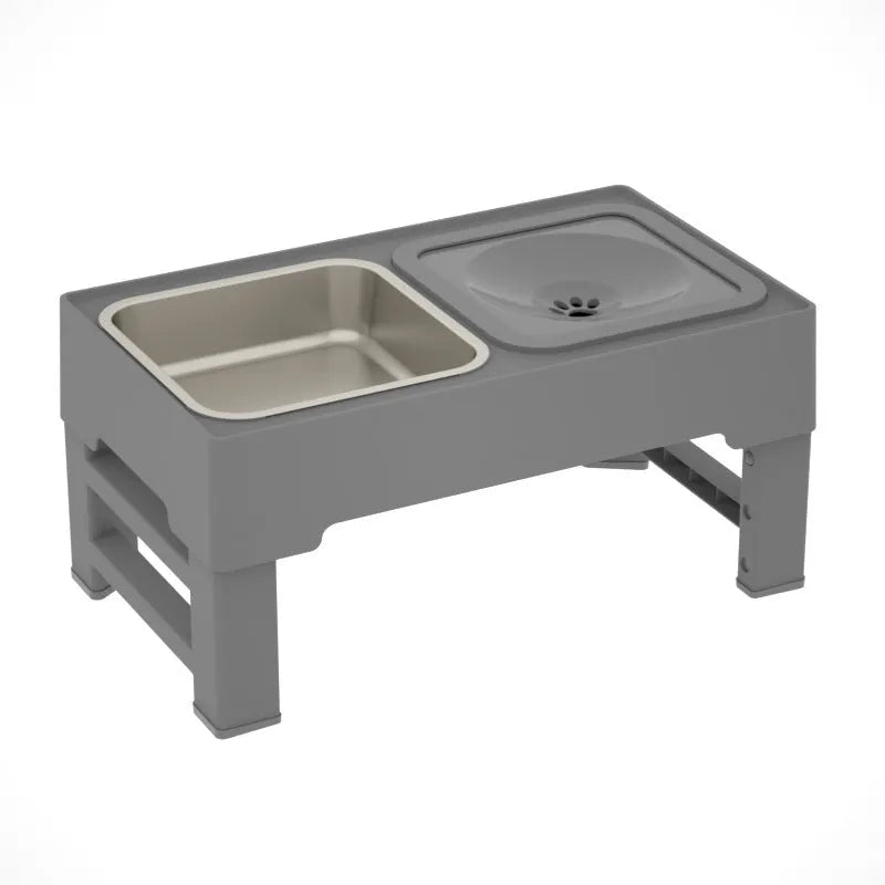 Adjustable height elevated dog feeding stand with stainless steel bowls in black