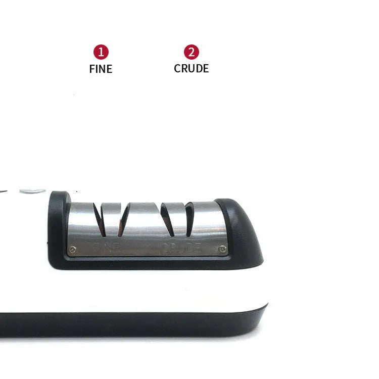 Rechargeable electric knife sharpener with ABS body and stainless steel components on a kitchen counter