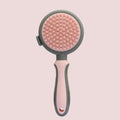 Green and pink dual-sided pet brush showing retractable slicker brush and silicone massager on a white background