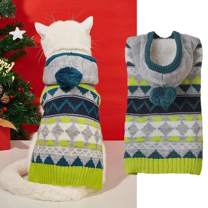 Green diamond pattern acrylic pet sweater for dogs on size guide showing XS to XL options