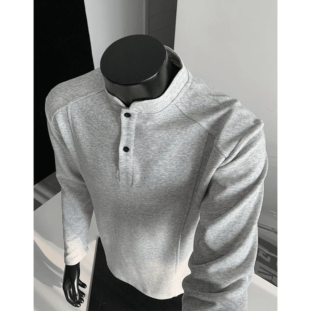 Men's loose fit polo shirt with patchwork stand-up collar and asymmetrical design in grey and black colours