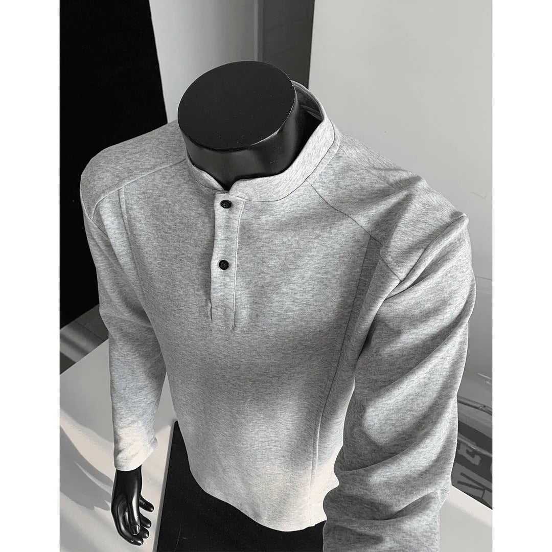 Men's loose fit polo shirt with patchwork stand-up collar and asymmetrical design in grey and black colours