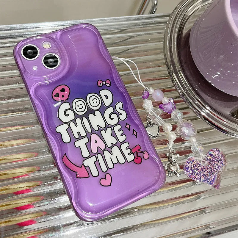 Purple English graffiti love pendant iPhone case with integrated bracelet chain