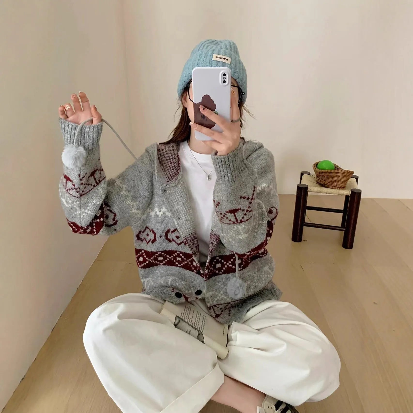 Geometric pattern brocade sweater coat for plus size women in milky white colour