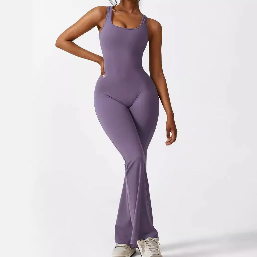 Women's sleeveless flare jumpsuit for fitness and yoga in high-elasticity polyester