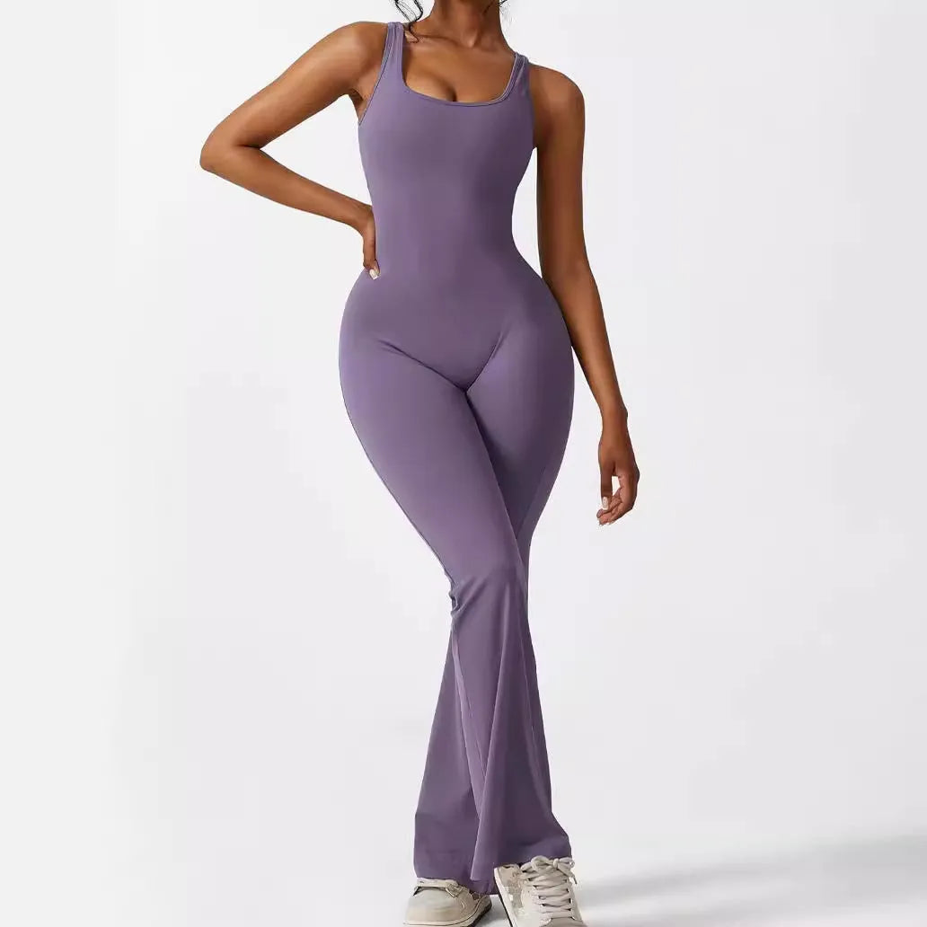 Women's sleeveless flare jumpsuit for fitness and yoga in high-elasticity polyester