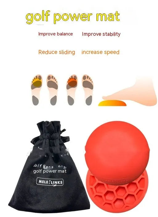 Orange red natural rubber golf training mat with centre of gravity trainer