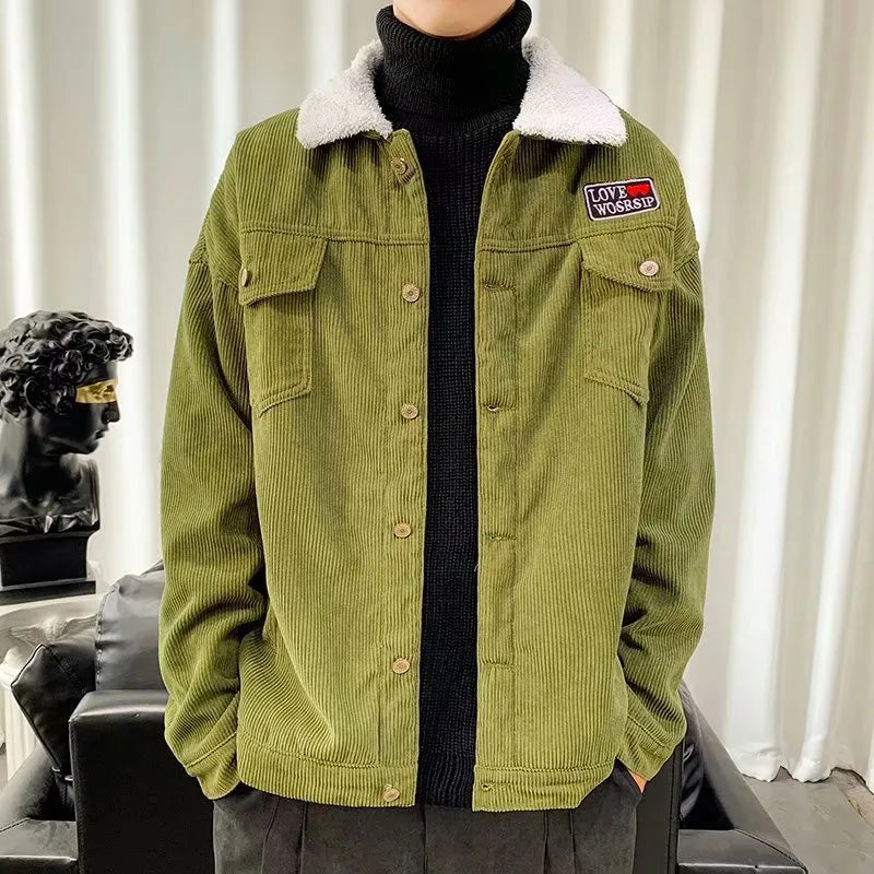 Men's corduroy work jacket in solid colour with regular sleeves and stick pockets