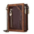 Dark brown men's leather wallet with metal chain and RFID anti-theft protection