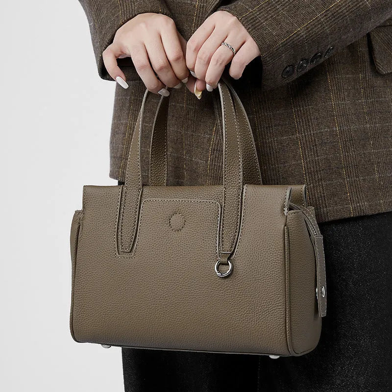 Genuine leather cowhide crossbody bag in horizontal square design with polyester cotton lining