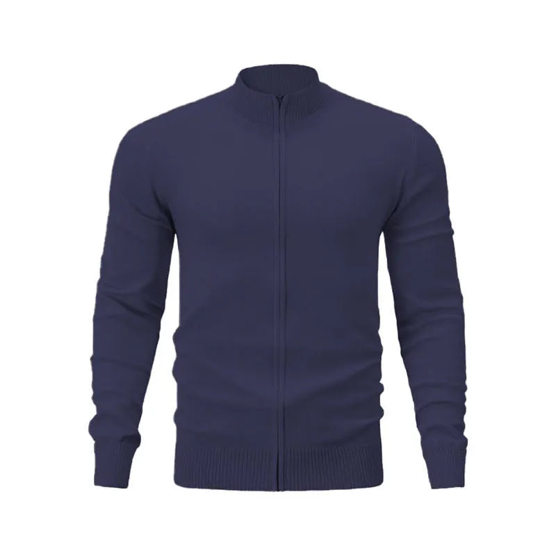 Casual cotton zip-front cardigan sweater with a stand collar in a loose fit.