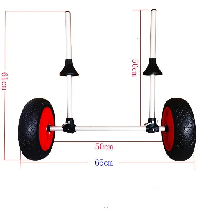 Foldable aluminium kayak beach trailer cart with upright pole and rubber components.