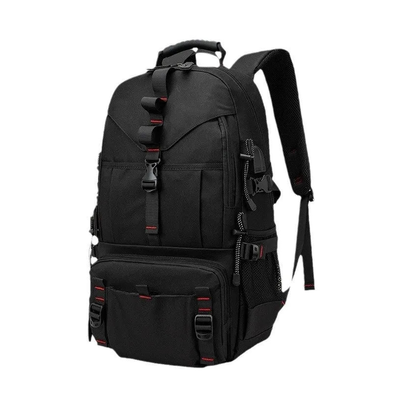 Men's waterproof Oxford cloth hiking backpack showing 56-75 litre capacity and air-pillow belt system
