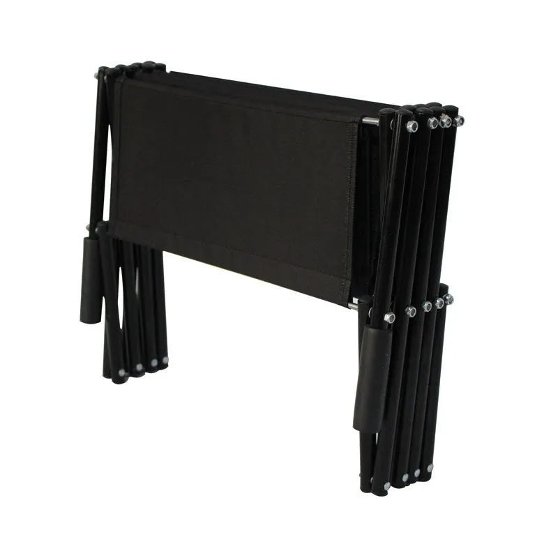 Stainless steel folding dog ladder in navy blue, unfolded showing four steps.