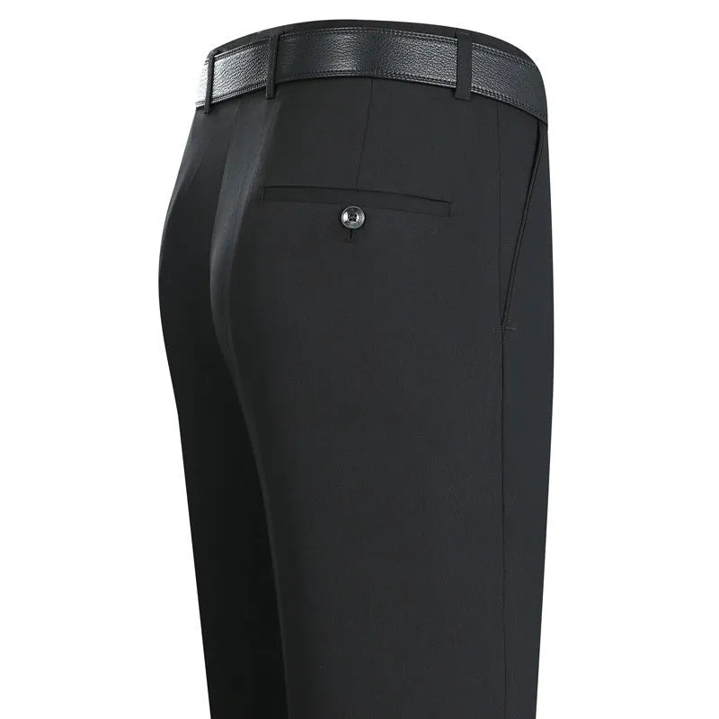 Men's straight-leg suit trousers in a mulberry silk blend fabric, shown in dark blue on a hanger.