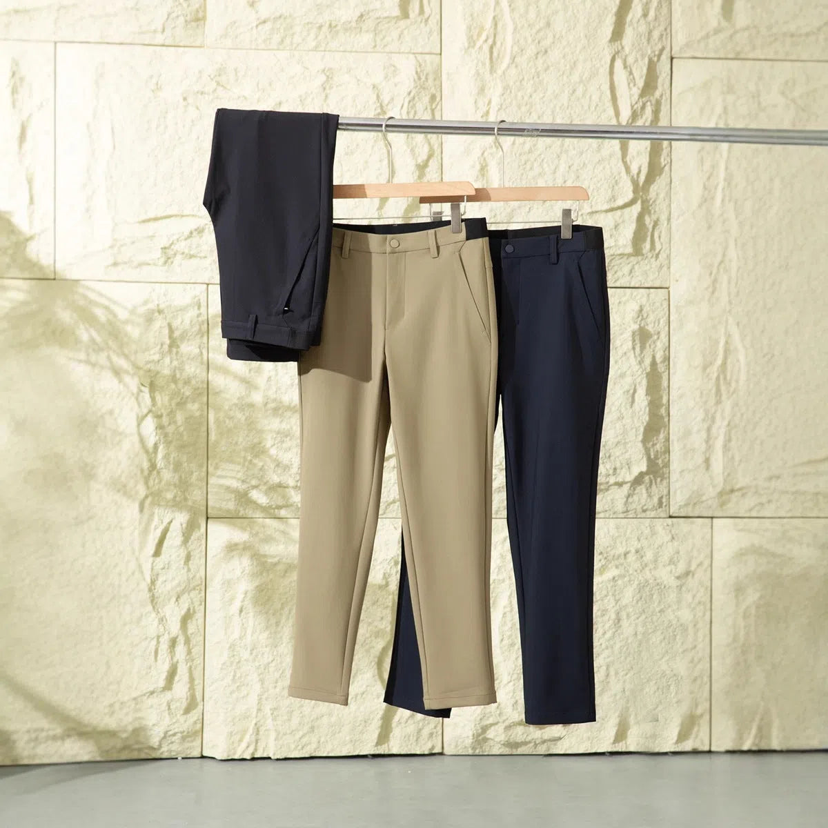 Men's straight leg casual pants in Army Green, slightly elastic, blended nylon fabric, mid-rise waist