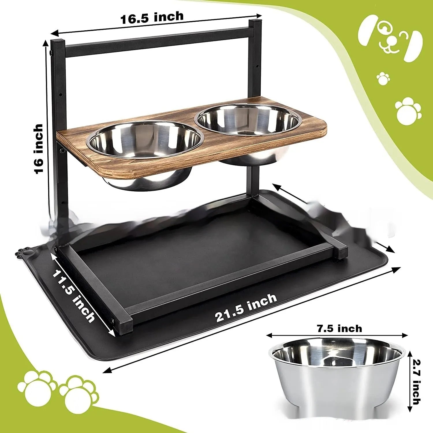 Large black iron elevated dog bowl rack with food and water bowls