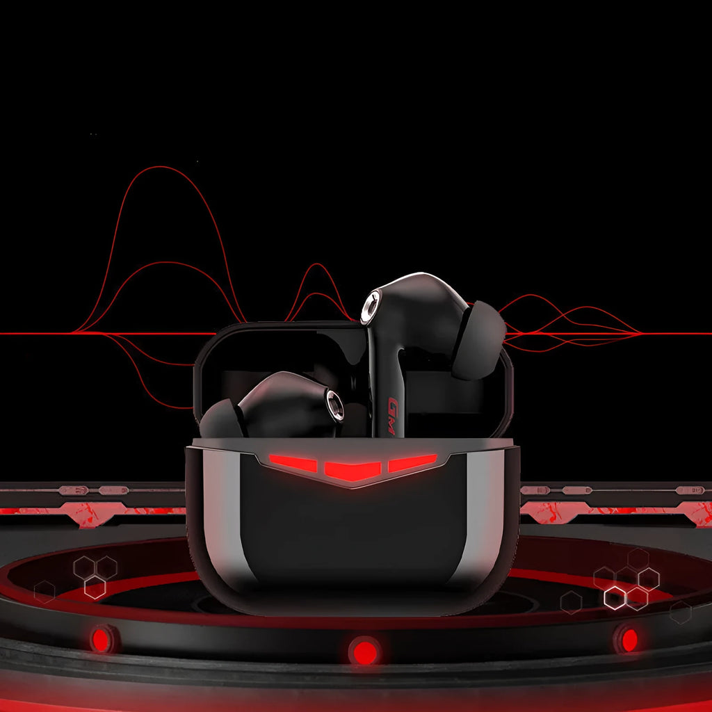 True wireless Bluetooth in-ear gaming headphones with charging case, shown in black colour.