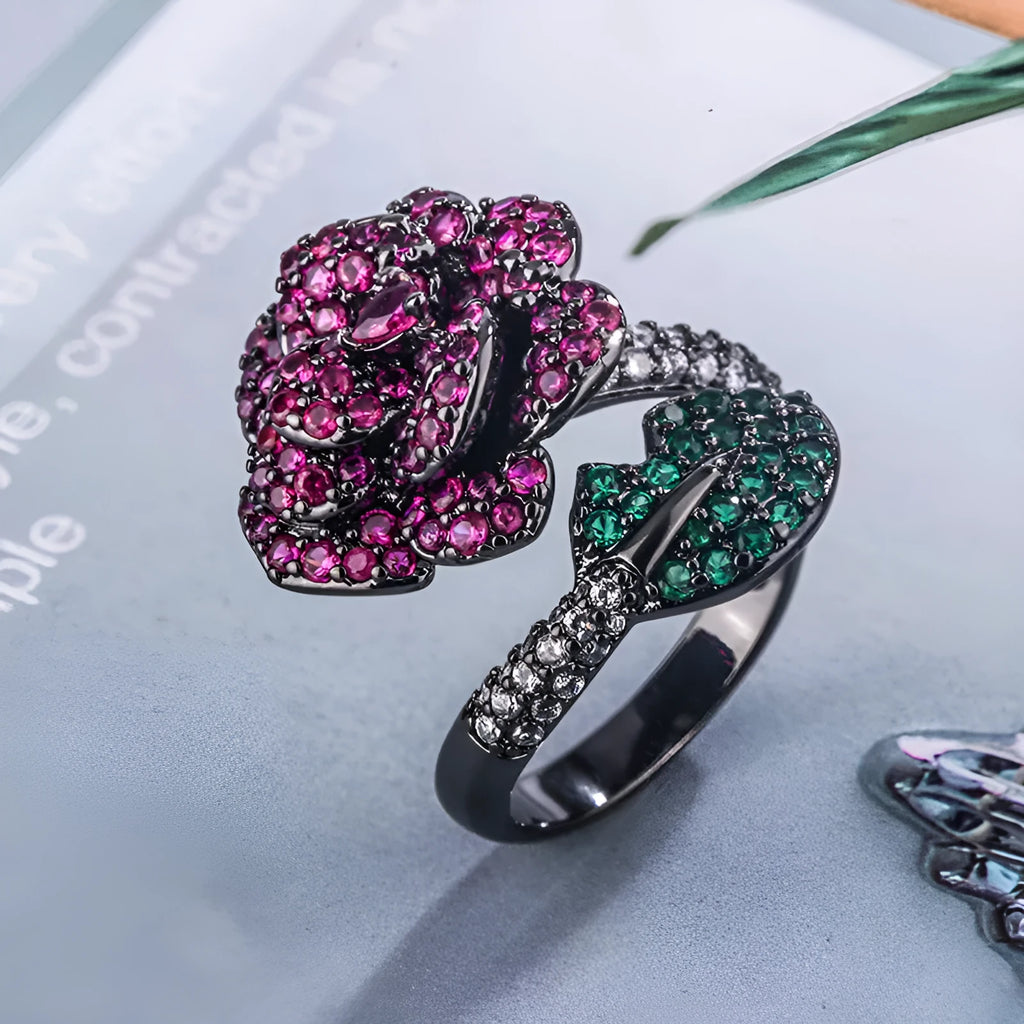 Gold-plated geometric flower ring with red stone for women, black gold colour