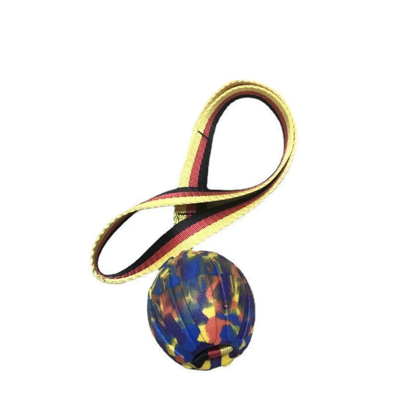 EVA floating knot ball for dog water training in camouflage and yellow colours with tether attachment