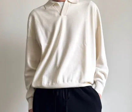 Pure wool loose fit lapel collar polo sweater in milky white or navy blue.