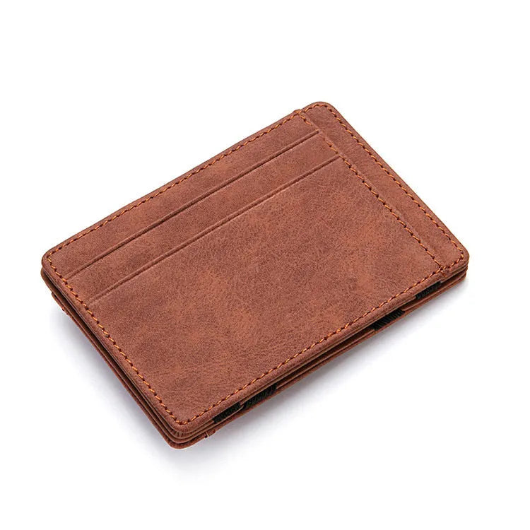 PU leather magic wallet showing flip card holder and zippered coin purse in solid colour options