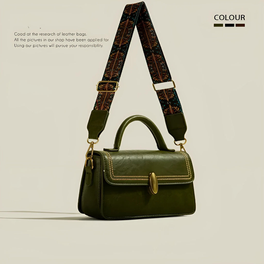 PU leather messenger bag in square vertical shape with sandwich pocket and interior organisation compartments