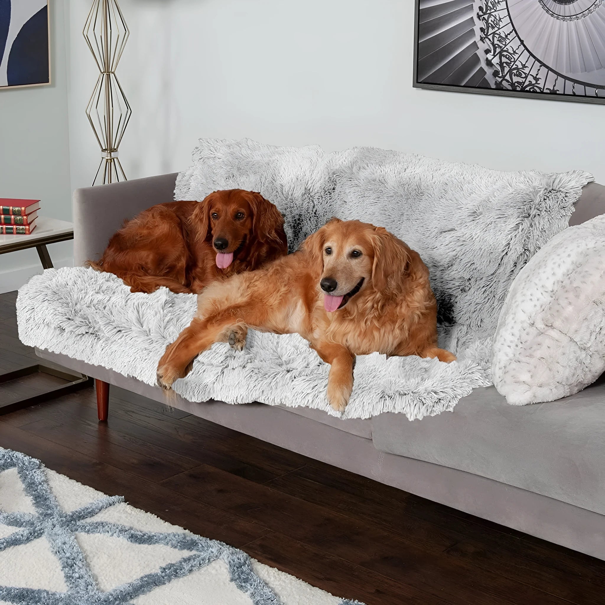 Plush waterproof dog cushion in grey colour showing double-layer thickness