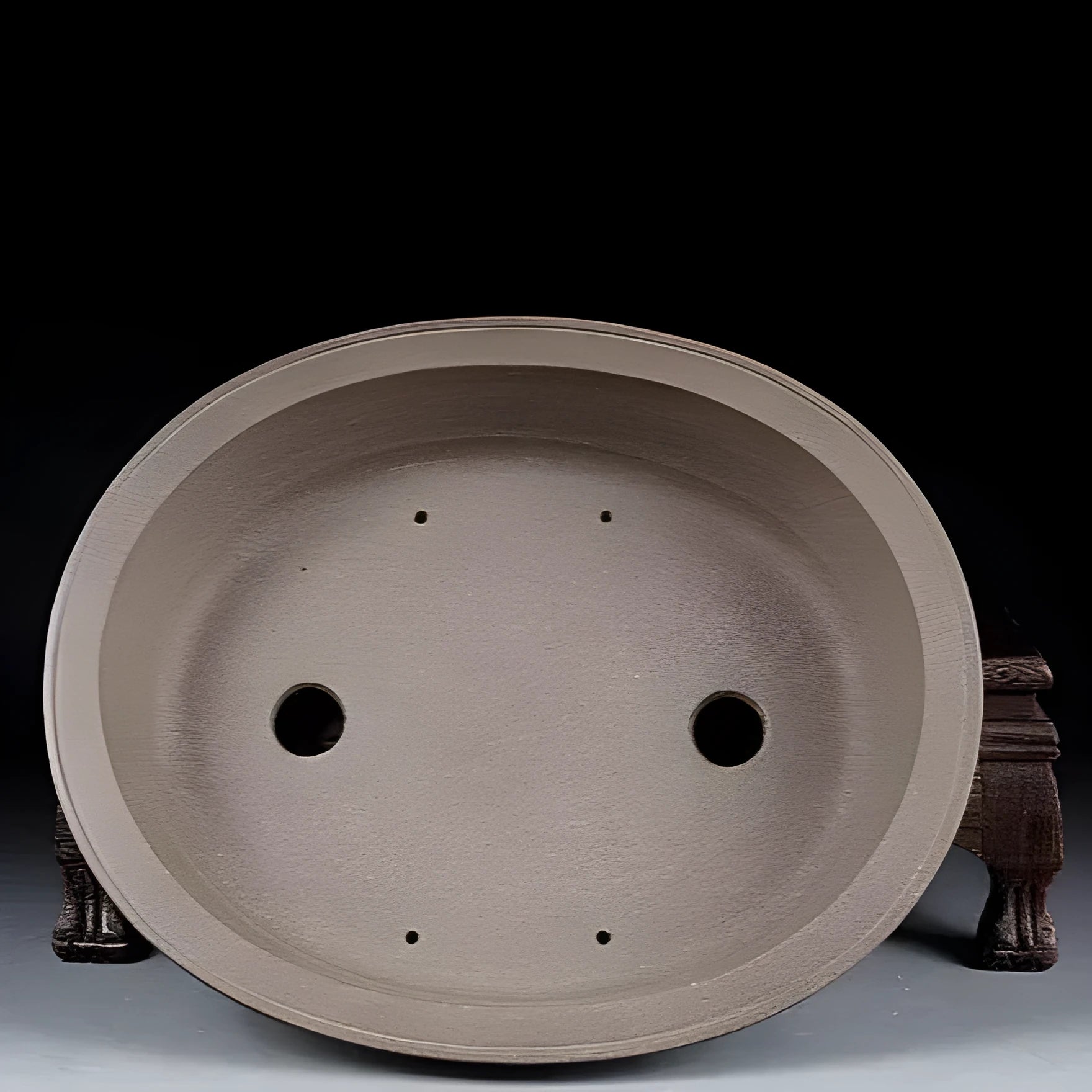 Handmade purple sand clay oval bonsai flower pot showing antique shape and 25x21x6.3cm dimensions