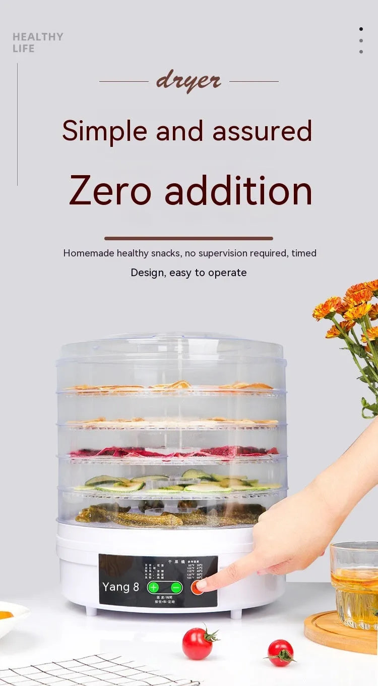 Five-tray household fruit dehydrator with clear door and adjustable temperature control