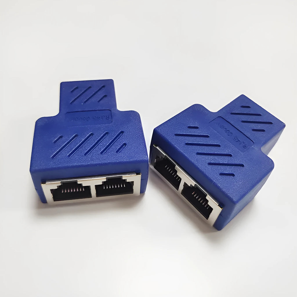RJ45 network cable splitter tee adapter showing one male plug and two female ports in black plastic housing.