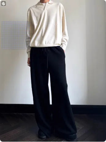Pure wool loose fit lapel collar polo sweater in milky white or navy blue.