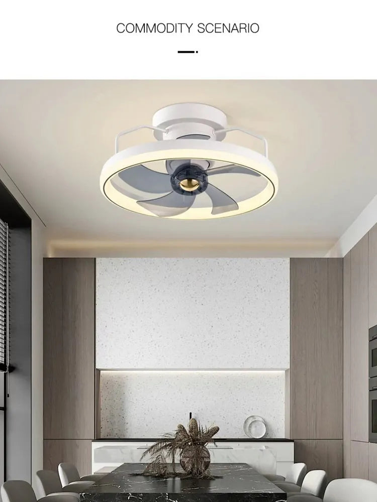 Modern overhead ceiling fan with integrated light showing 500mm diameter design with PC blades and acrylic lampshade