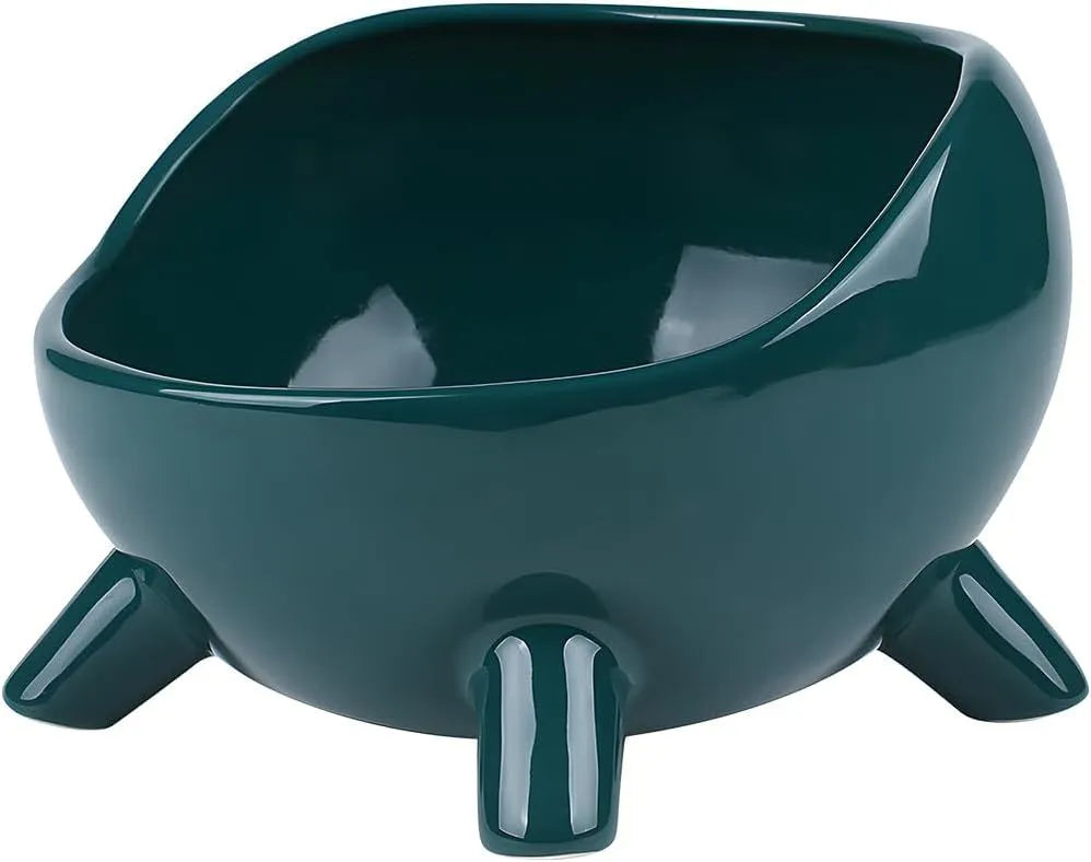 Green ceramic pet bowl with four legs and a rounded rim for stability and spill control.
