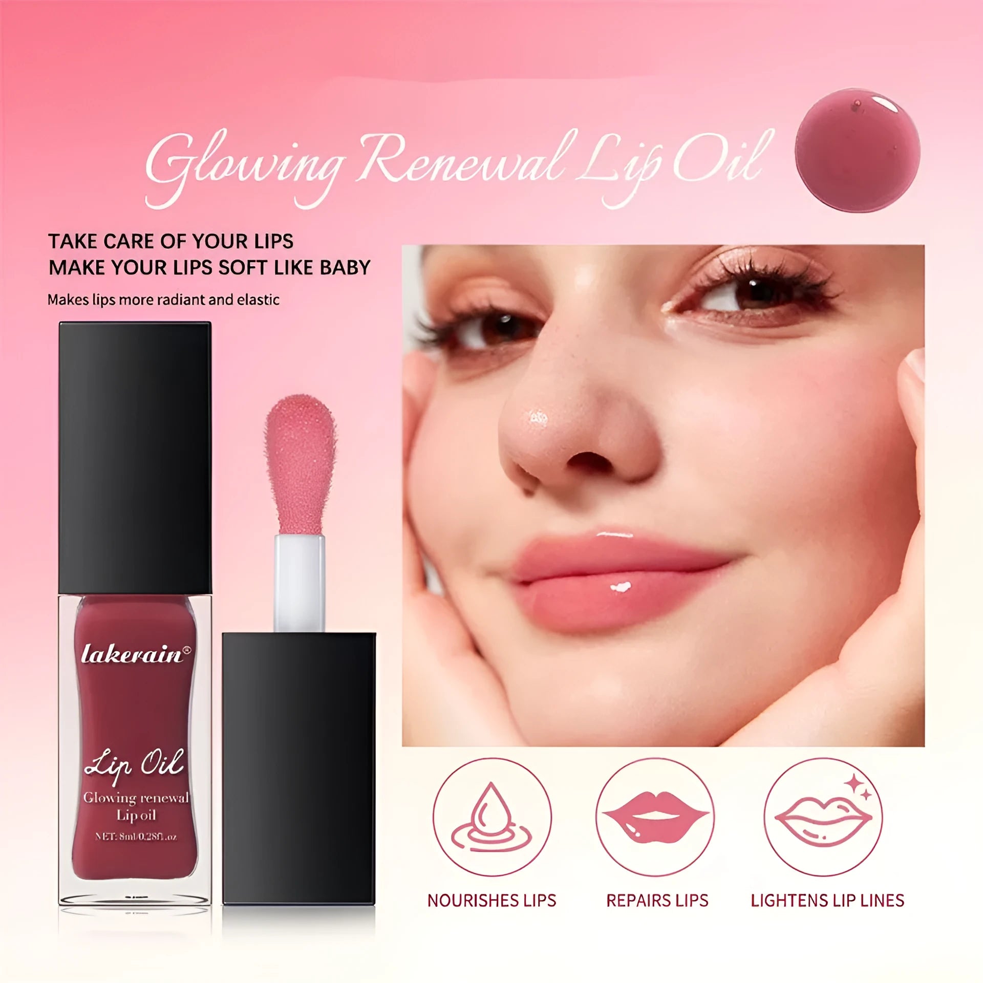Glow Lip Gloss nourishing lip oil in 8ml bottle, shown in Coral, Clear, Honey, Jam, Pink, Red, and Rose colours.