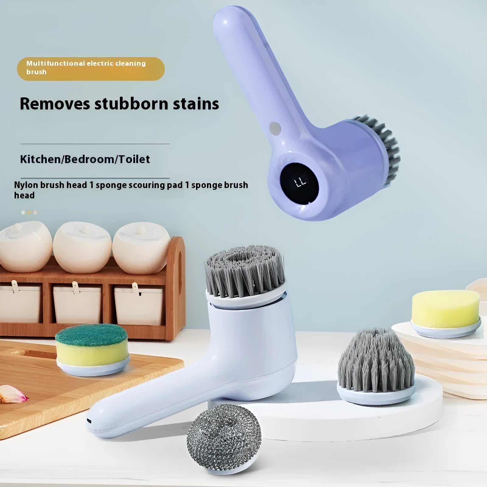 USB rechargeable electric cleaning brush in light grey or purple colour with multiple brush heads.