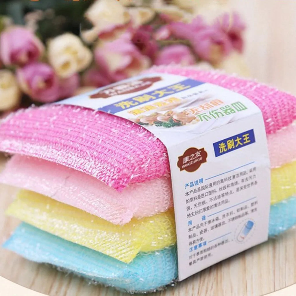 Pinstripe fabric dishwashing sponge mop in macaron mixed colours showing sponge and plastic construction
