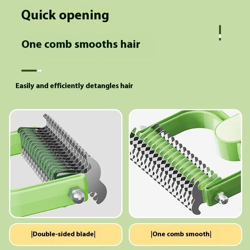 Green or grey dog grooming comb with stainless steel unknotting teeth and plastic handle.