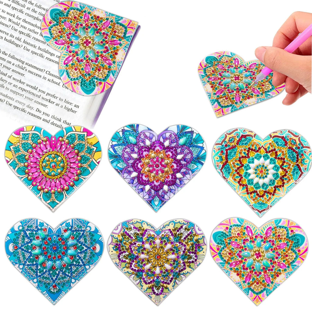 Six handmade PU leather bookmarks with crystal flower corners in modern style