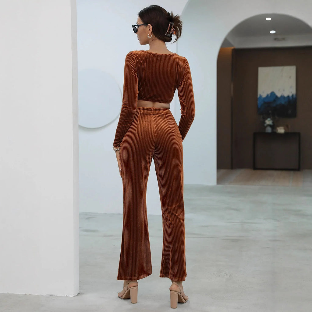 Caramel coloured long sleeve sweater set with top and pants in polyester spandex fabric