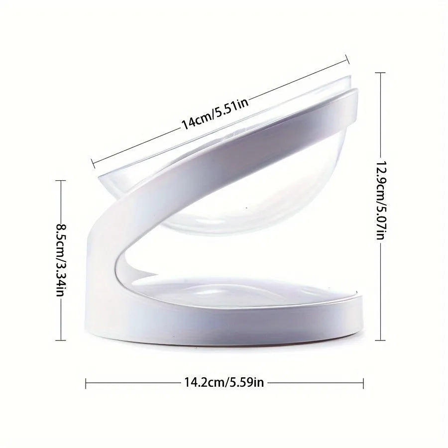 White elevated clear plastic cat food bowl with tilted design for anti-vomit feeding
