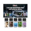 Car air freshener vent clip refill pack showing five 10ml bottles with different fragrance labels