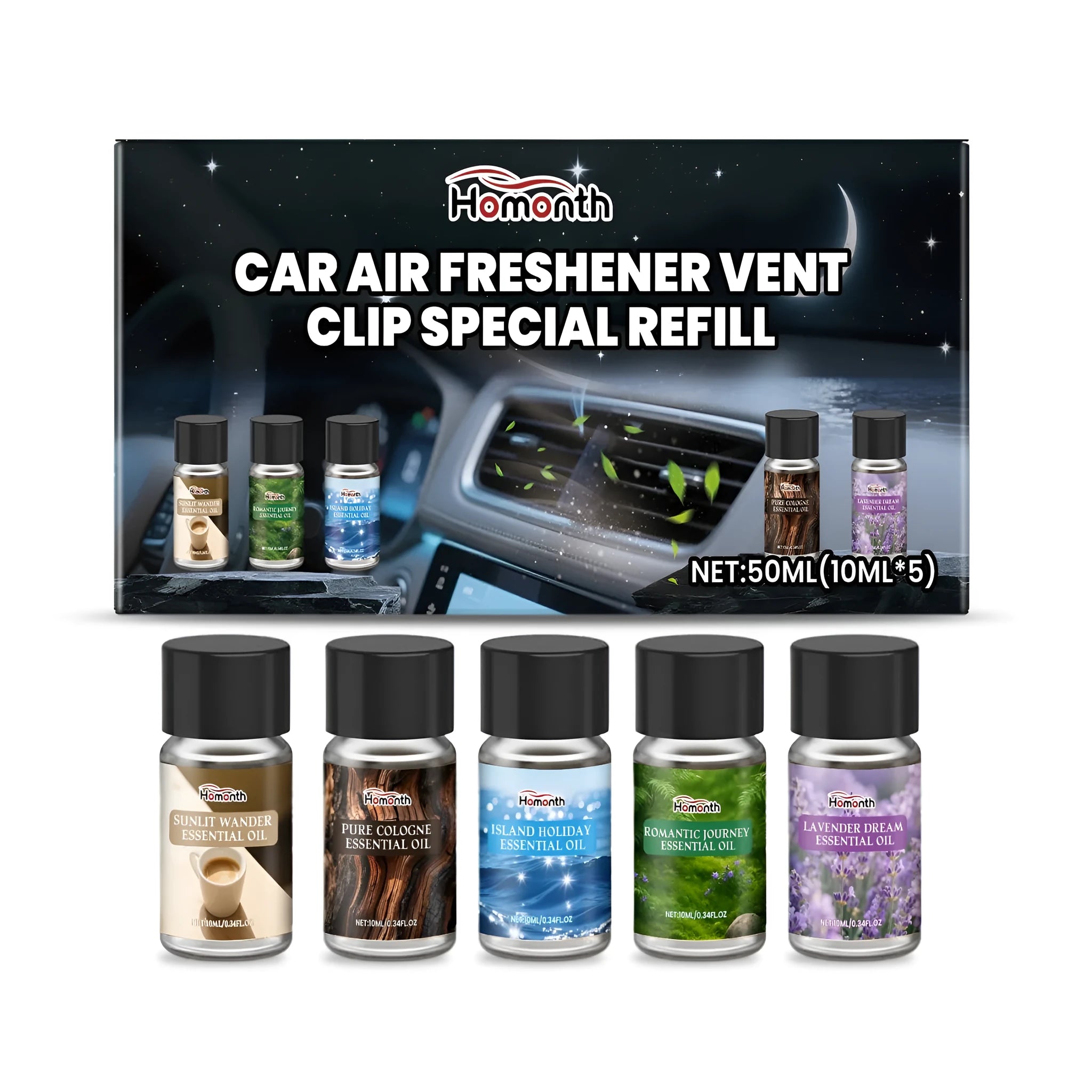 Car air freshener vent clip refill pack showing five 10ml bottles with different fragrance labels